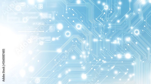 Futuristic technology background with white circle circuit wires on light blue motherboard. AI chip or semiconductor concept. Abstract tech bg. Modern web banner. Digital vector illustration. 