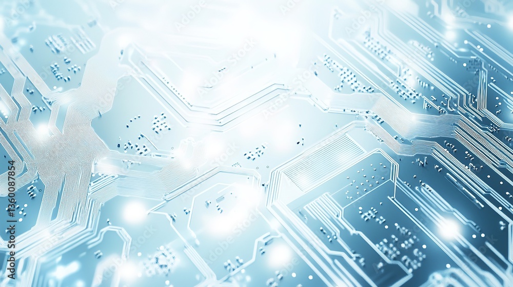 Obraz premium Futuristic technology background with white circle circuit wires on light blue motherboard. AI chip or semiconductor concept. Abstract tech bg. Modern web banner. Digital vector illustration. 