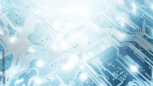 Futuristic technology background with white circle circuit wires on light blue motherboard. AI chip or semiconductor concept. Abstract tech bg. Modern web banner. Digital vector illustration. 