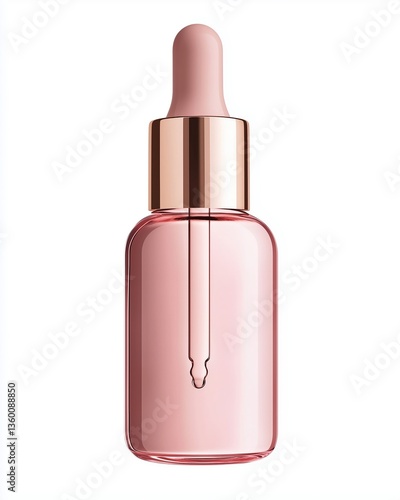 Pink cosmetic serum bottle with dropper isolated on white background, beauty product.
