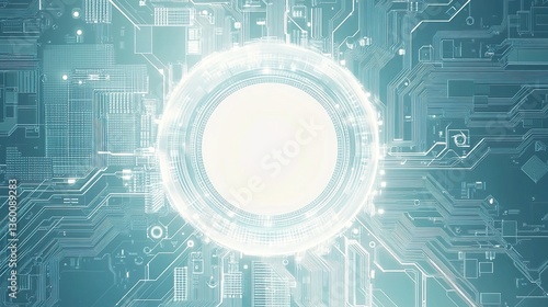 Futuristic technology background with white circle circuit wires on light blue motherboard. AI chip or semiconductor concept. Abstract tech bg. Modern web banner. Digital vector illustration. 