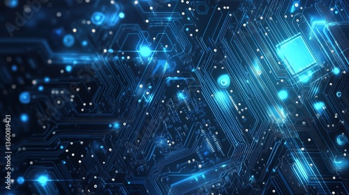 Futuristic technology background with white circle circuit wires on light blue motherboard. AI chip or semiconductor concept. Abstract tech bg. Modern web banner. Digital vector illustration. 