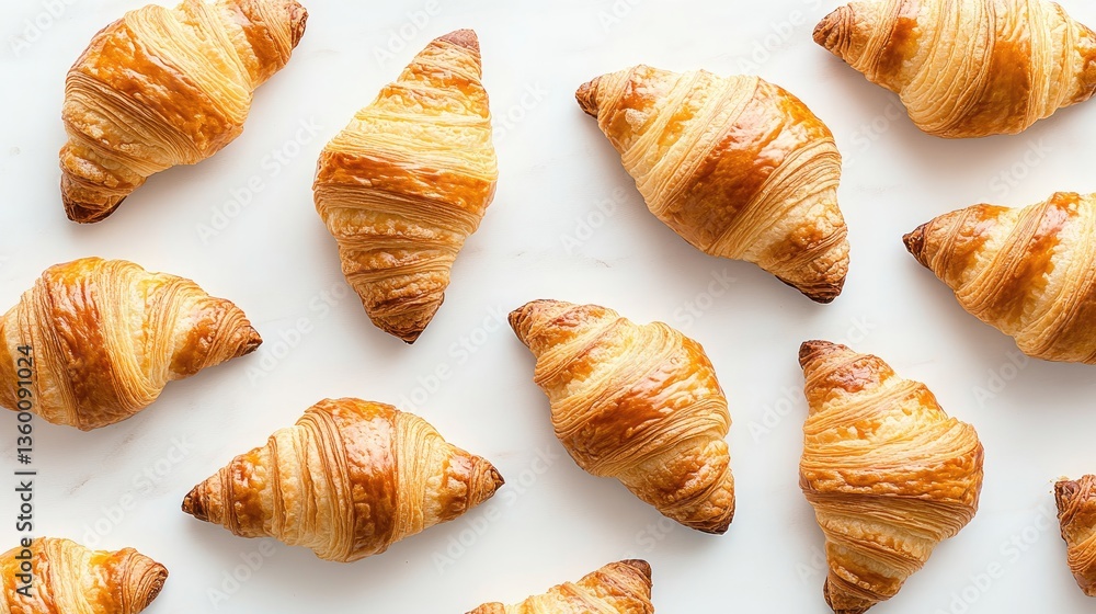 Golden-brown croissants arranged in an orderly pattern showcasing delicate crust and creamy texture captured from above Golden-brown croissants arranged in an orderly pattern showcasing delicate crust and creamy texture captured from above