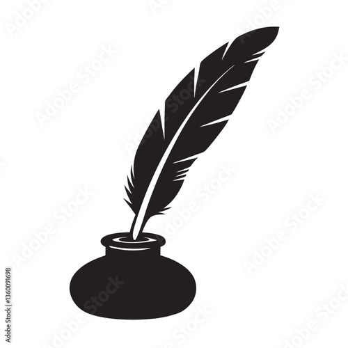 Inkwell with Quill black Silhouette Vector Illustration on white background 