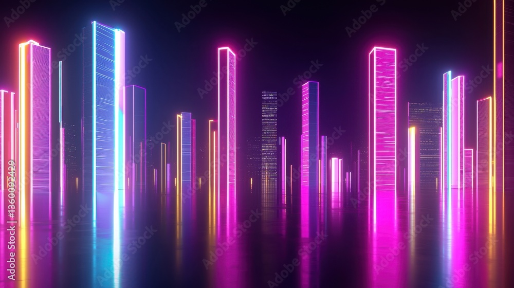 Glowing neon bar graphs rising in a futuristic digital landscape, symbolizing economic success. Glowing neon bar graphs rising in a futuristic digital landscape, symbolizing economic success.