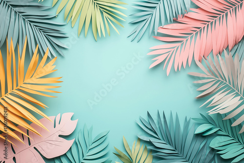 Colorful paper tropical leaves in pastel tones arranged in a circular frame on aqua blue background. Ideal for summer-themed branding, creative mockups, greeting cards, or minimalist designs.