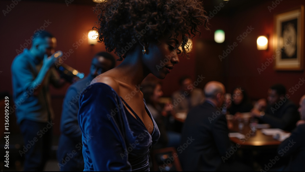 Beautiful young woman at jazz or blues show, old fashioned club atmosphere, can be used as jazz show poster Beautiful young woman at jazz or blues show, old fashioned club atmosphere, can be used as jazz show poster