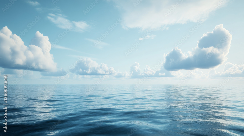 Fototapeta premium A serene ocean or sea scene under calm weather conditions, featuring soft clouds drifting across the sky