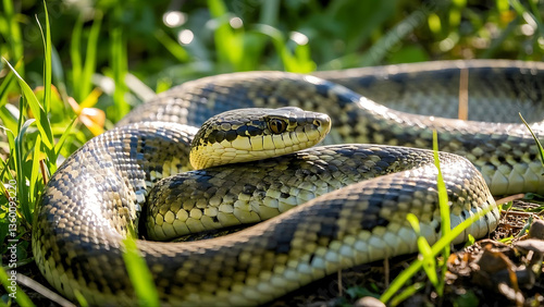A patterned snake coils on green grass, with sunlight highlighting its scales, set in a natural outdoor environment.