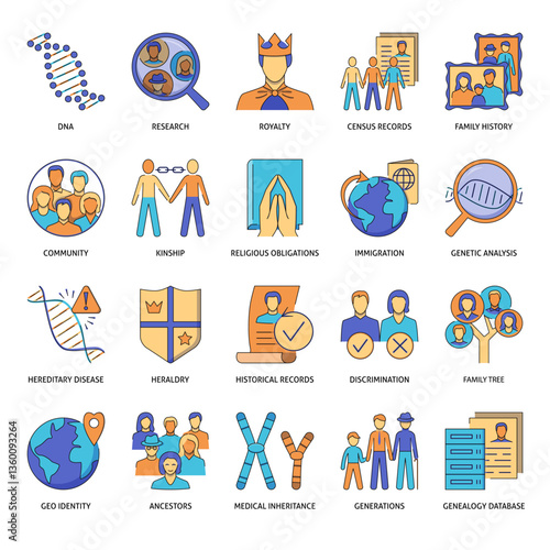 Genealogy and family history flat icon set