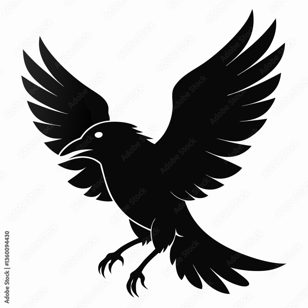 Fototapeta premium A vector silhouette of a crow in flight, its wings flapping and beak open, 