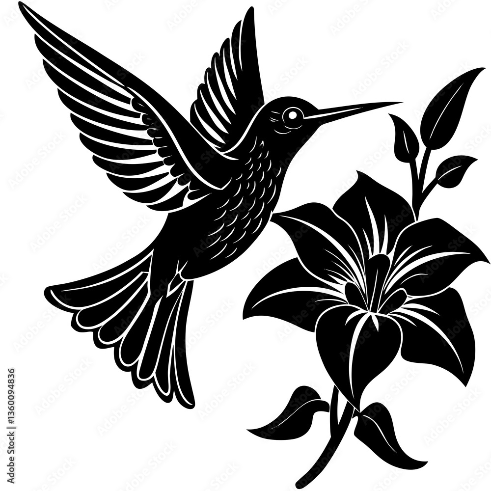 Obraz premium A vector silhouette of a hummingbird hovering near a flower 