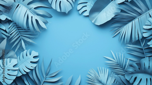 Monochromatic blue paper tropical leaves frame on solid cyan background. Ideal for modern branding, summer promotions, social media, web design, editorial layouts, and creative visual content.
