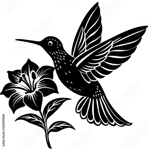A vector silhouette of a hummingbird hovering near a flower 