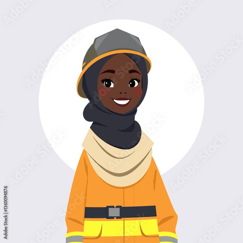 Vector of a Black Muslim Female Firefighter Wearing Hijab and Uniform