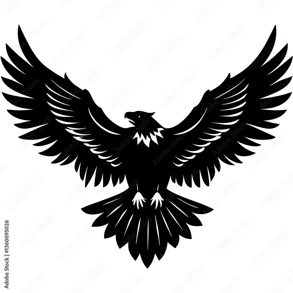 Obraz premium A vector silhouette of an eagle soaring with its wings fully spread, centered on a white background 