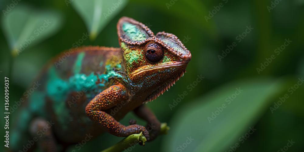 Fototapeta premium Colorful Chameleon Camouflaged on Green Leaf, Nature Wildlife, Generative AI