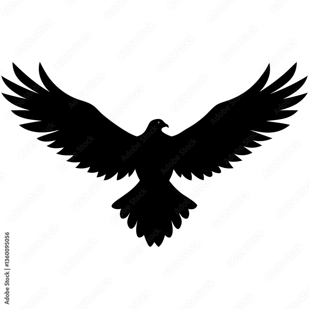 Obraz premium A vector silhouette of an eagle soaring with its wings fully spread, centered on a white background 