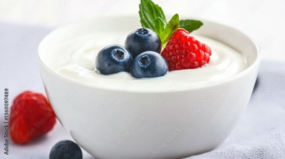 Fresh blueberries and raspberries on creamy yogurt in white bowl with mint leaf Fresh blueberries and raspberries on creamy yogurt in white bowl with mint leaf
