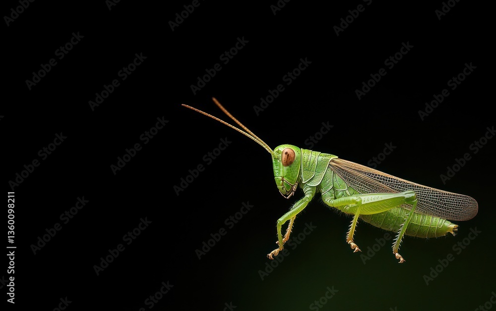 Fototapeta premium Close-up of a green grasshopper against a black background. The grasshopper is in sharp focus, while the background is completely dark. The image has a macro feel
