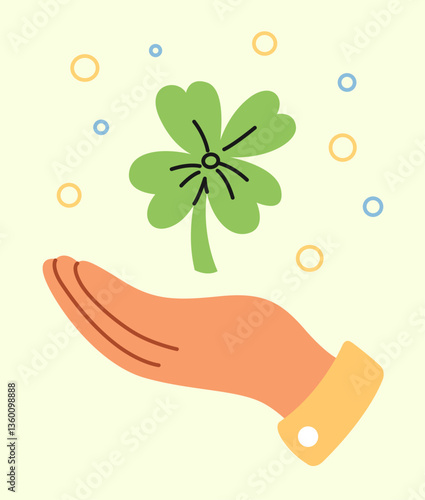 hand offering four leaf clover, flat style vector illustration isolated on color background