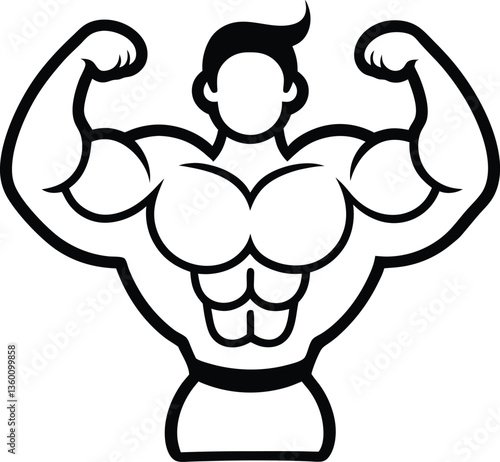 Black outline of a muscular man with big biceps posing with flexed arms isolated