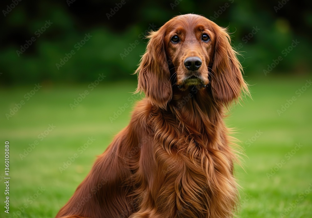 Charming Irish Setter Puppy with Lush Red Fur Sitting in Sunlit Park Charming Irish Setter Puppy with Lush Red Fur Sitting in Sunlit Park