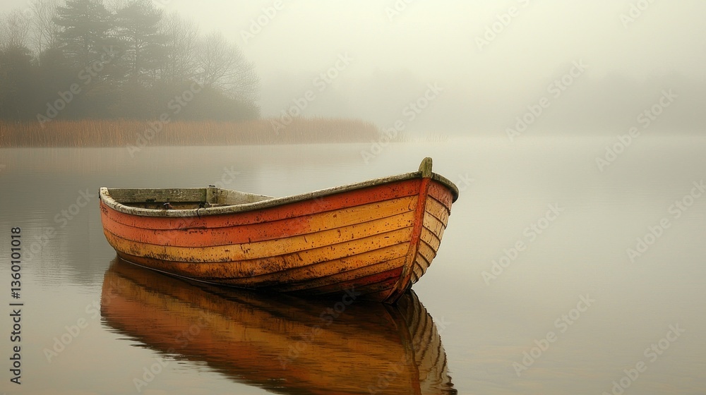 Fototapeta premium Calm lake, old boat, misty morning