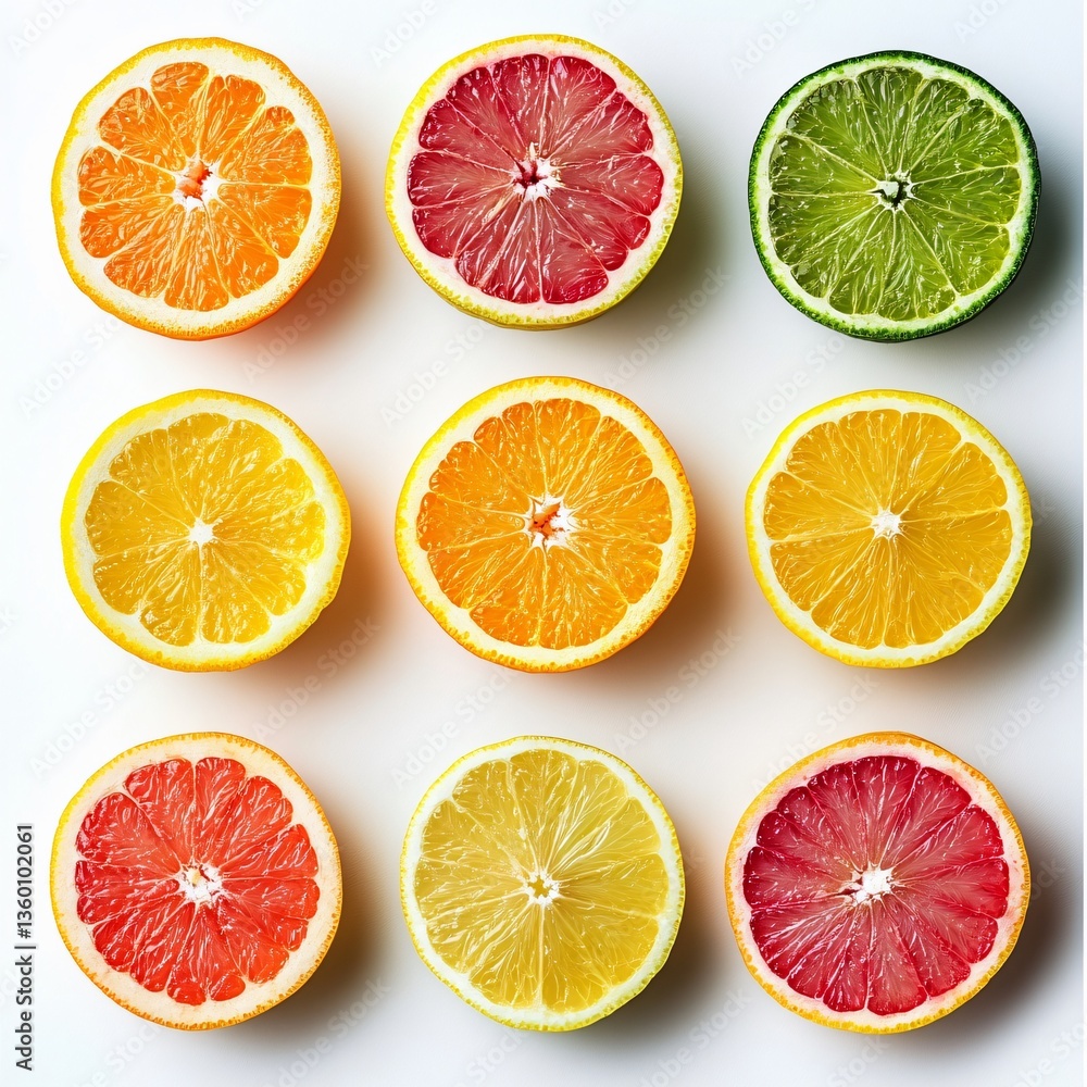 Obraz premium Vibrant citrus fruit arrangement kitchen table food photography bright and fresh top-down view healthy lifestyle