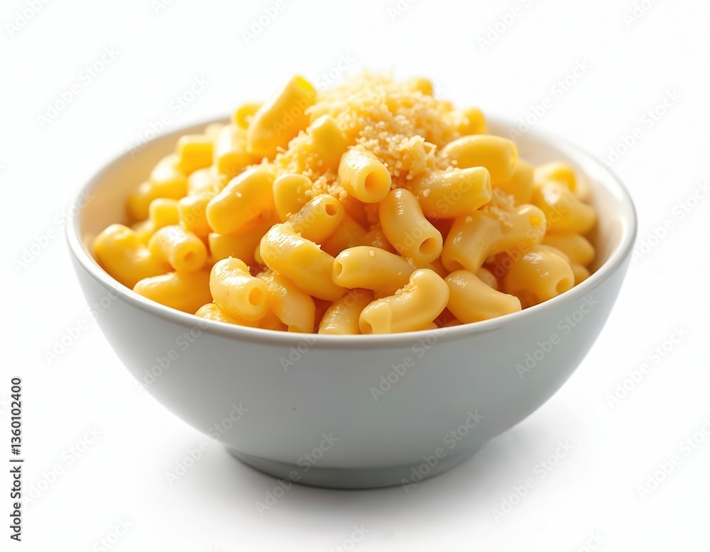 Macaroni and cheese in white bowl on isolated white background. Popular american comfort food. Delicious pasta meal with cheddar cheese. Perfect for food blog, restaurant menu, cookbook illustration. Macaroni and cheese in white bowl on isolated white background. Popular american comfort food. Delicious pasta meal with cheddar cheese. Perfect for food blog, restaurant menu, cookbook illustration.