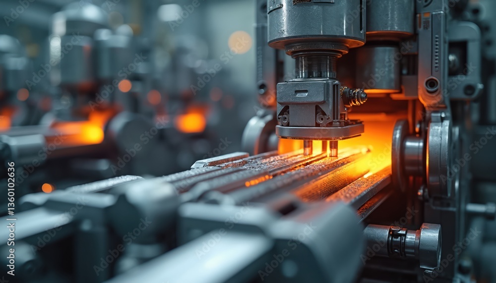 Fototapeta premium Close-up of high-tech glass manufacturing machine in action. The image highlights intricate mechanics, glowing heat of the glass processing. Factory industrial process. Automation tech.
