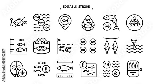 Fish farm icons set. Editable stroke. Color set of fish farm icons. Simple vector illustration for mobile concept and web design.
