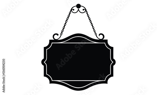 Wood signboard on chains silhouette, Signboard on chains. Black silhouette, Horizontal front view, Vector simple flat graphic illustration, Isolated object on a white background