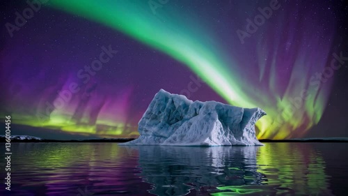 Majestic iceberg under vibrant northern lights reflecting on arctic waters