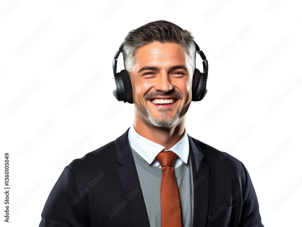 Happy Businessman Wearing Headphones with a Joyful Smile and Suit isolated on white background Happy Businessman Wearing Headphones with a Joyful Smile and Suit isolated on white background
