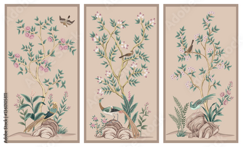 Vintage botanical garden tree, Chinese birds, stone, plant floral panels. Exotic chinoiserie mural.
