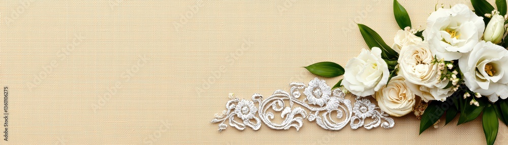 Fototapeta premium Elegant floral arrangement with white roses and lace