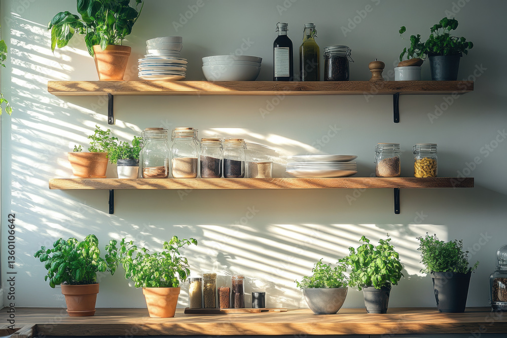 Kitchen shelf with pots, plates, and plants, creating a vibrant and cozy atmosphere for cooking and dining. Kitchen shelf with pots, plates, and plants, creating a vibrant and cozy atmosphere for cooking and dining.