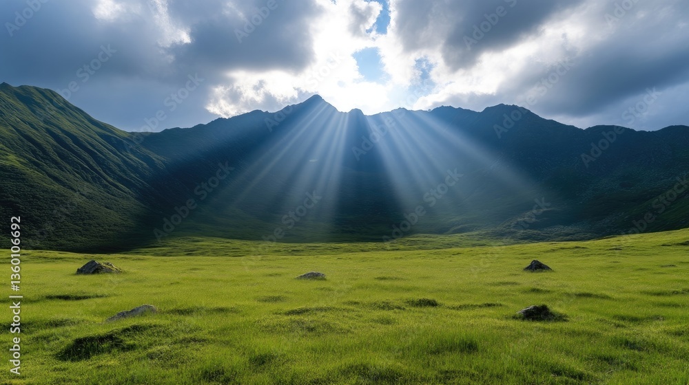 Obraz premium Sunbeams piercing through clouds over a verdant valley