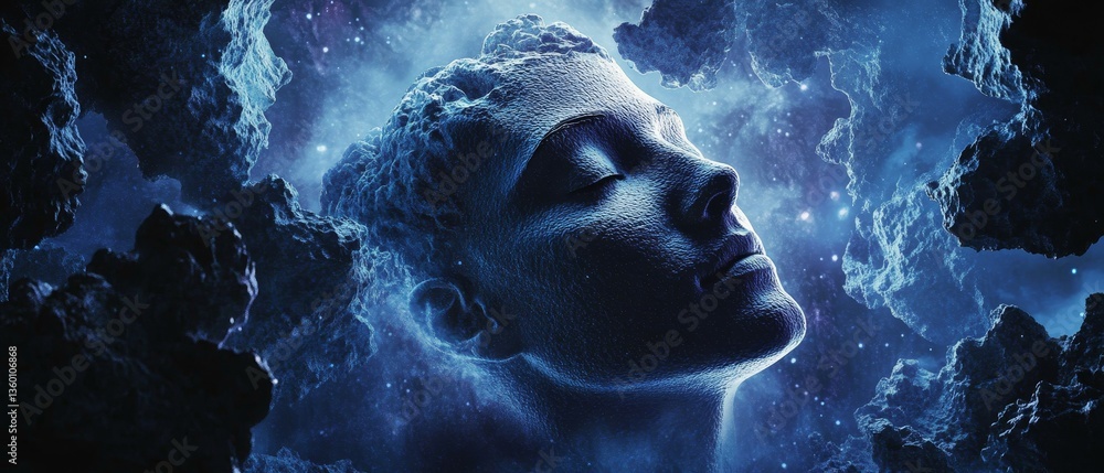A blue and white image of a face with a cloud of ice surrounding it A blue and white image of a face with a cloud of ice surrounding it