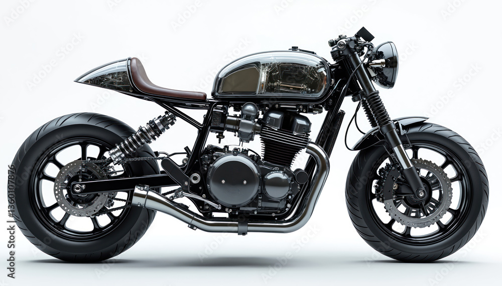 Fototapeta premium Detailed transparent X-Ray view custom-built cafe racer motorcycle. Detailed 3D render engine frame components illustration. Vehicle features powerful engine, wheels, tires, exhaust, suspension on