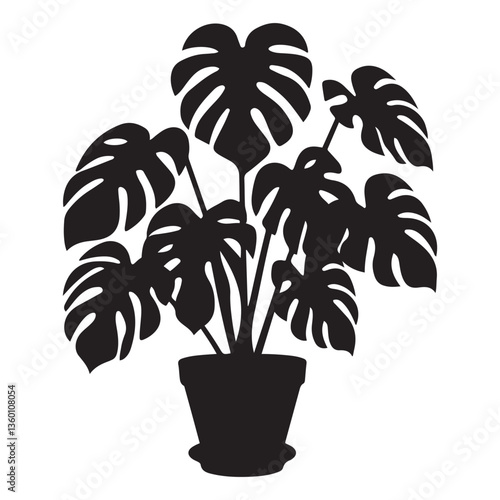 Monstera deliciosa plant in pot silhouette vector Black, potted plant vector silhouette vector. with white background