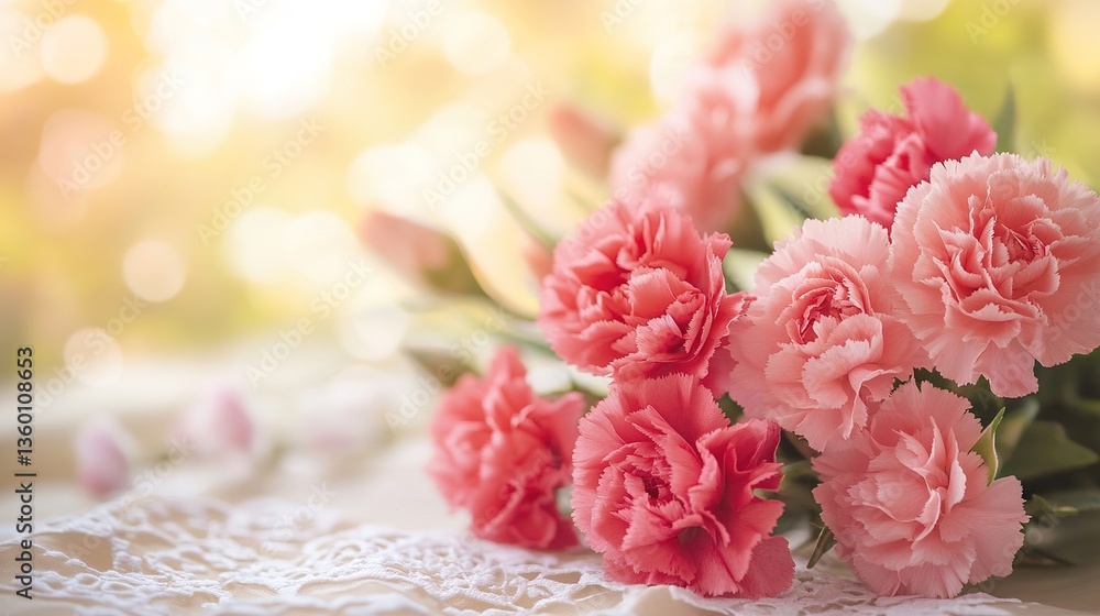 A delicate bouquet of blush pink carnations rests gently on creamy lace, bathed in soft sunlight, evoking feelings of tenderness and springtime joy. A delicate bouquet of blush pink carnations rests gently on creamy lace, bathed in soft sunlight, evoking feelings of tenderness and springtime joy.