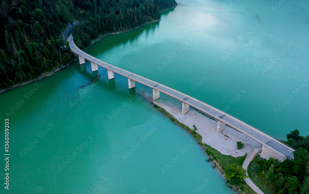 Drone aerial view of Lake Sylvenstein Bridge in the Upper Bavaria region, Germany Drone aerial view of Lake Sylvenstein Bridge in the Upper Bavaria region, Germany