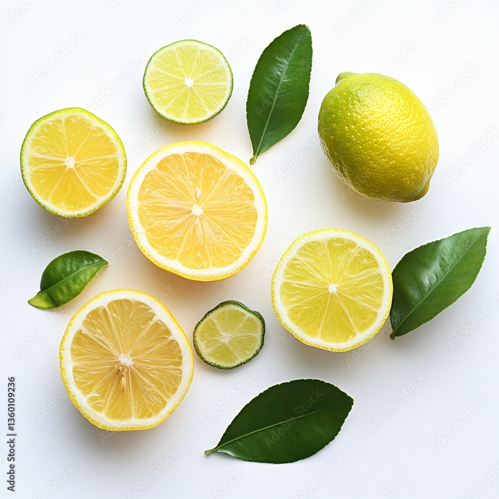 Fresh lemon slices and leaves arrangement minimalist white background food photography natural environment top-down view vibrant colors Fresh lemon slices and leaves arrangement minimalist white background food photography natural environment top-down view vibrant colors