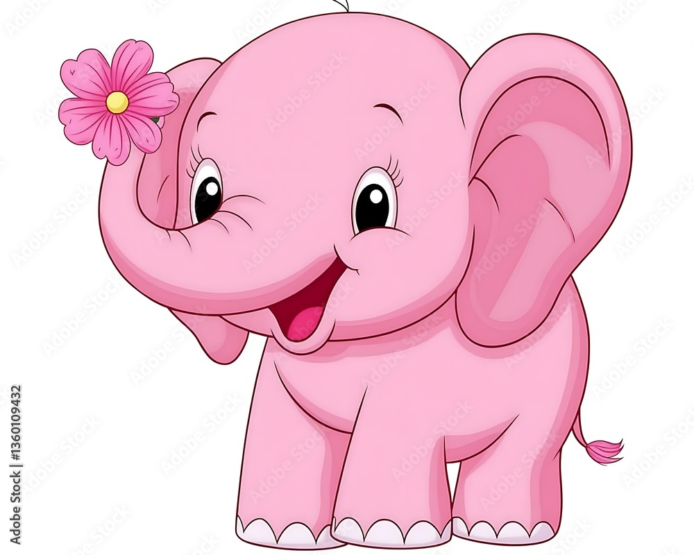Fototapeta premium A smiling cartoon pink elephant holds a flower to show affection