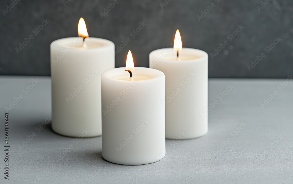Three white cylindrical candles burning brightly on a gray textured surface. Soft, warm light illuminates the scene Three white cylindrical candles burning brightly on a gray textured surface. Soft, warm light illuminates the scene