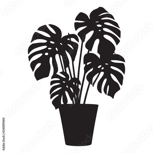 Monstera deliciosa plant in pot silhouette vector Black, potted plant vector silhouette vector. with white background