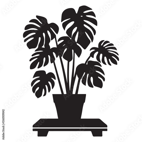 Monstera deliciosa plant in pot silhouette vector Black, potted plant vector silhouette vector. with white background