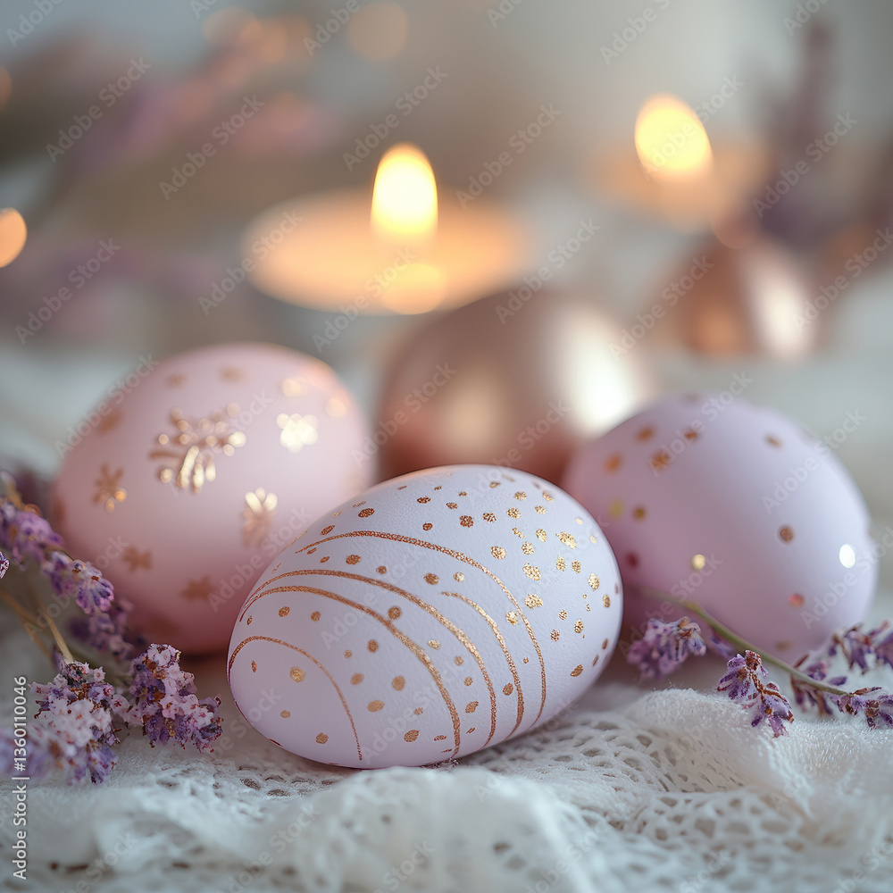 Fototapeta premium Decorative Easter eggs with candles and lavender.